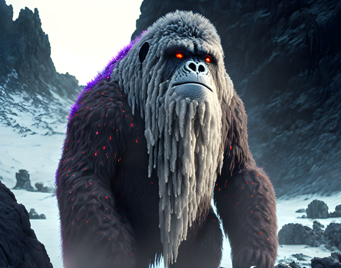 Digital artwork: Gorilla with red eyes and purple fur accents in snowy mountain scene