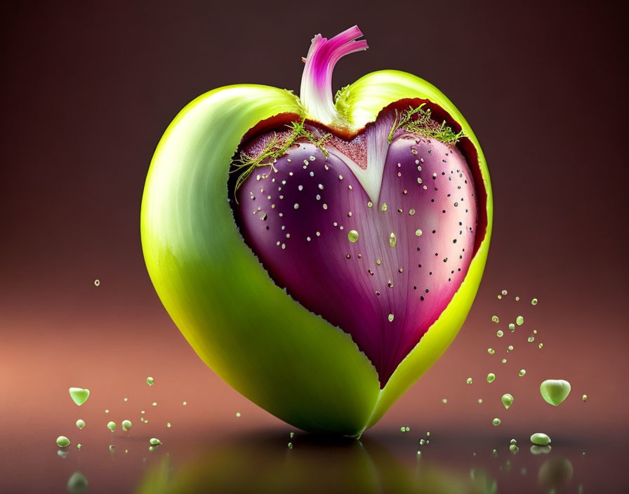 Green apple and purple onion heart shape with water droplets.