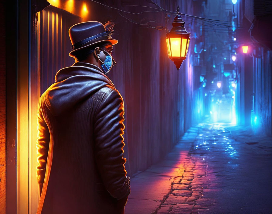 Person in Leather Jacket and Hat Wearing Face Mask in Neon-Lit Alley