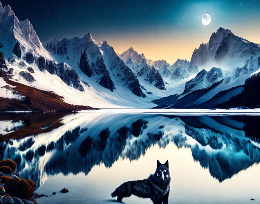 Wolf by tranquil mountain lake under full moon and snow-capped peaks