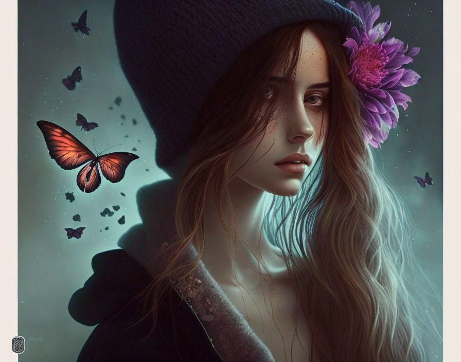 Portrait of pensive woman in beanie with purple flower, surrounded by butterflies in dark ambiance