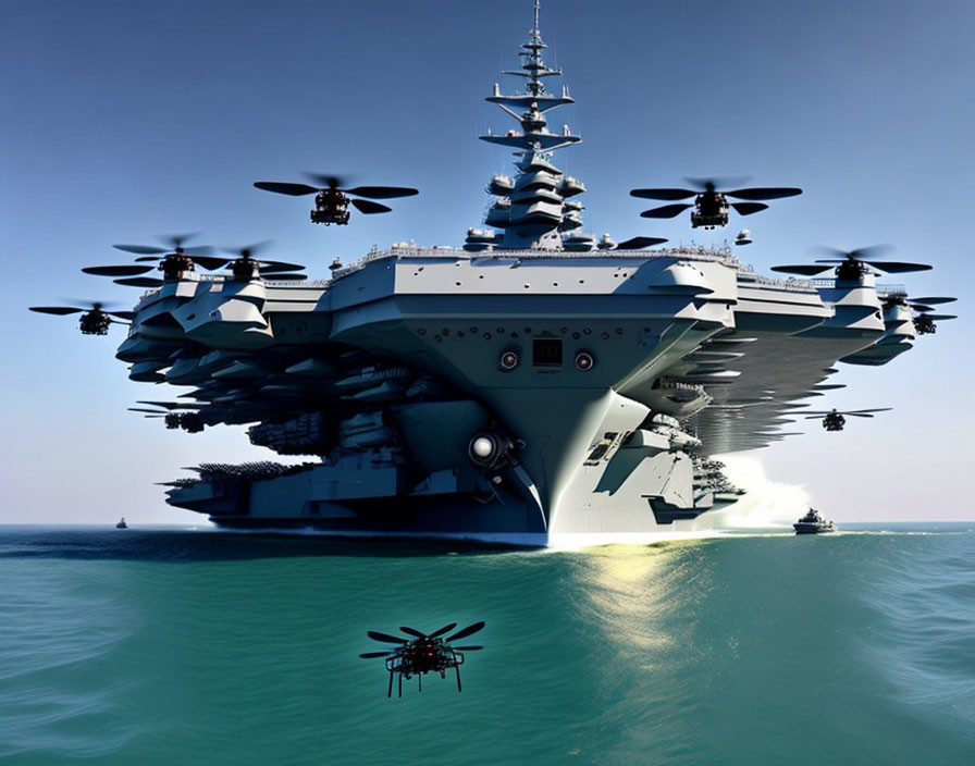 Futuristic aircraft carrier with propellers escorted by drones above sea