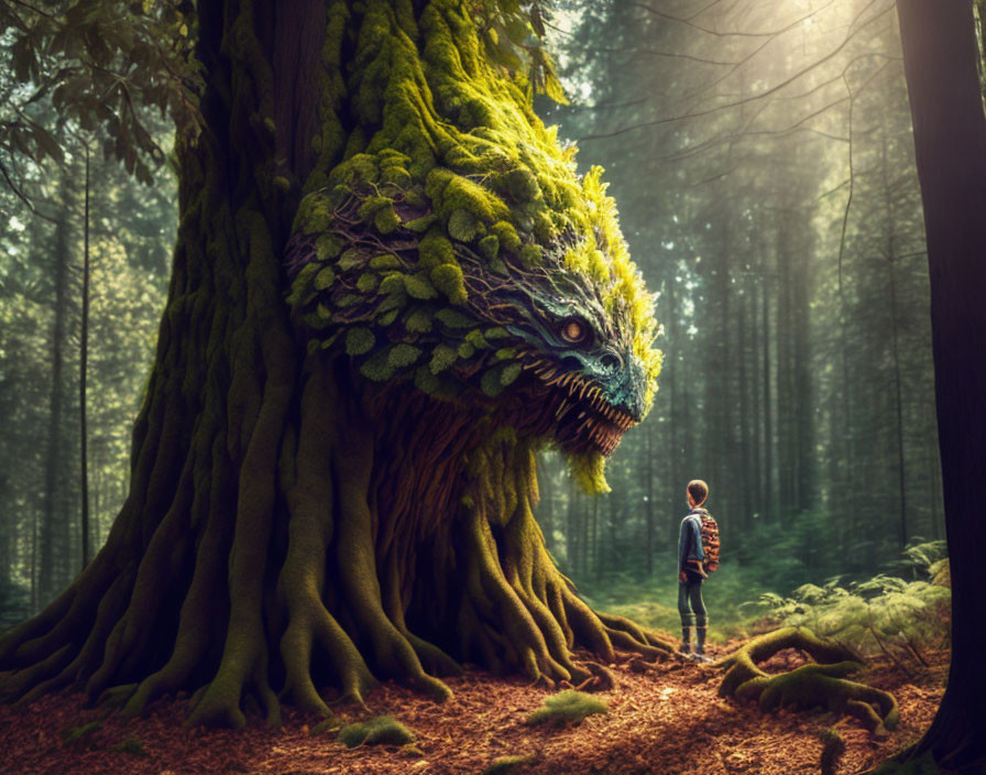 Child encounters fantastical tree creature in mystical forest