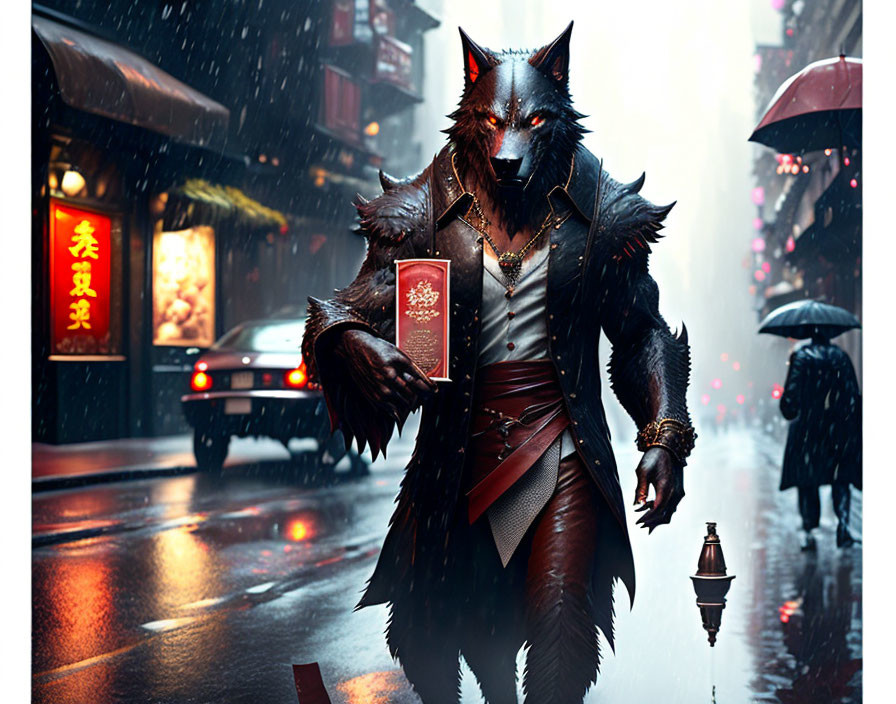 Anthropomorphic wolf in trench coat with menu in rainy urban scene.