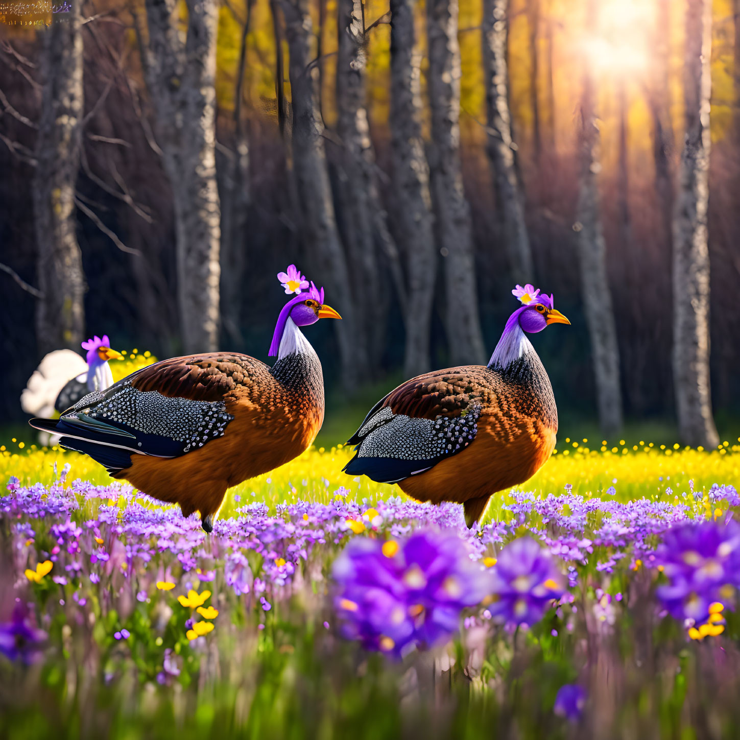 Colorful Birds Among Purple Wildflowers in Sunlit Birch Forest