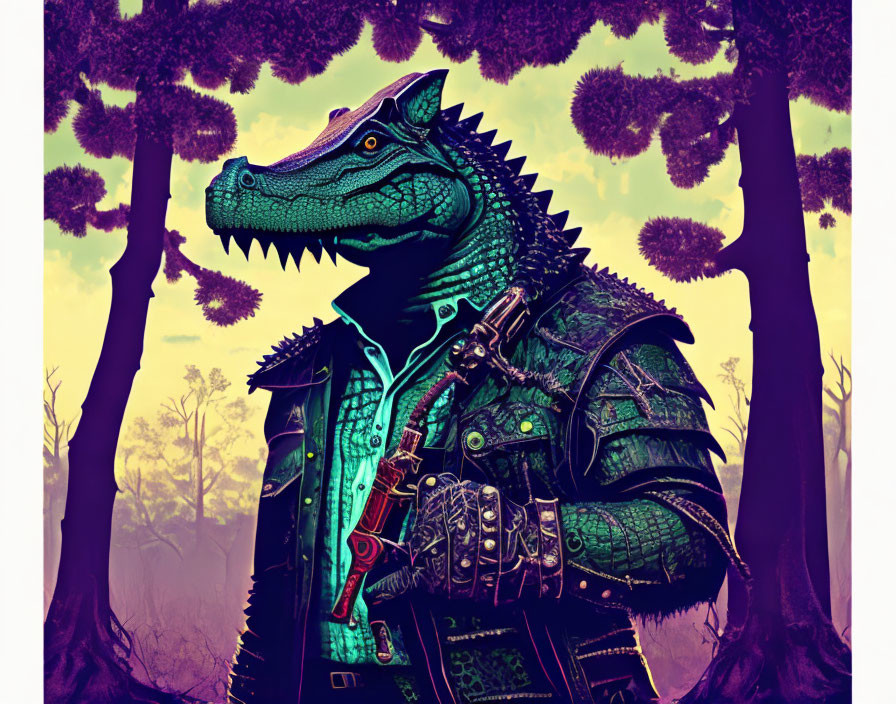 Anthropomorphic crocodile in leather jacket with futuristic gun in fantasy forest