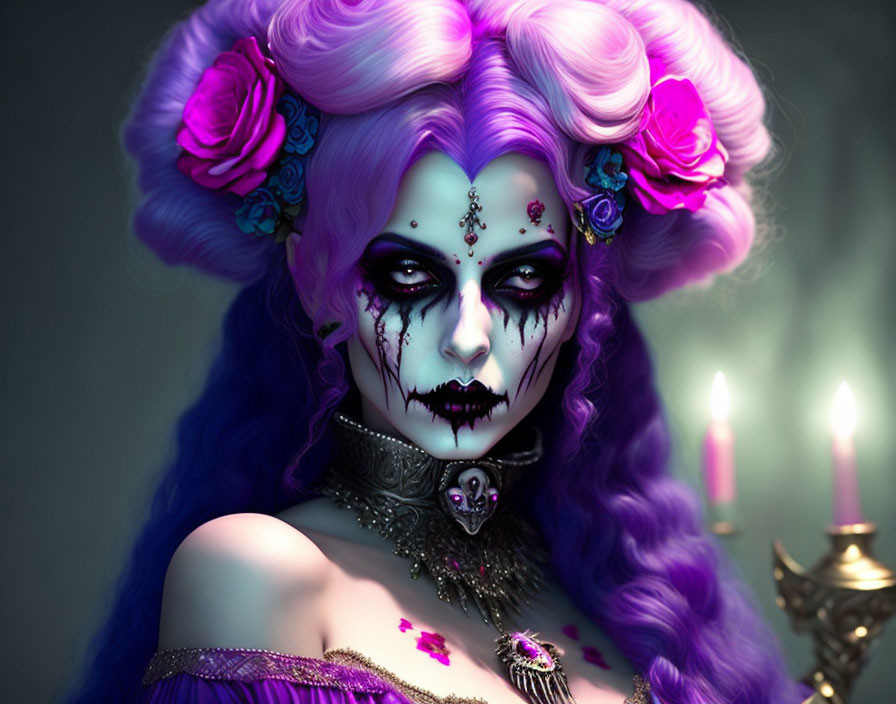 Gothic figure with purple hair and skull-like designs in candlelit setting