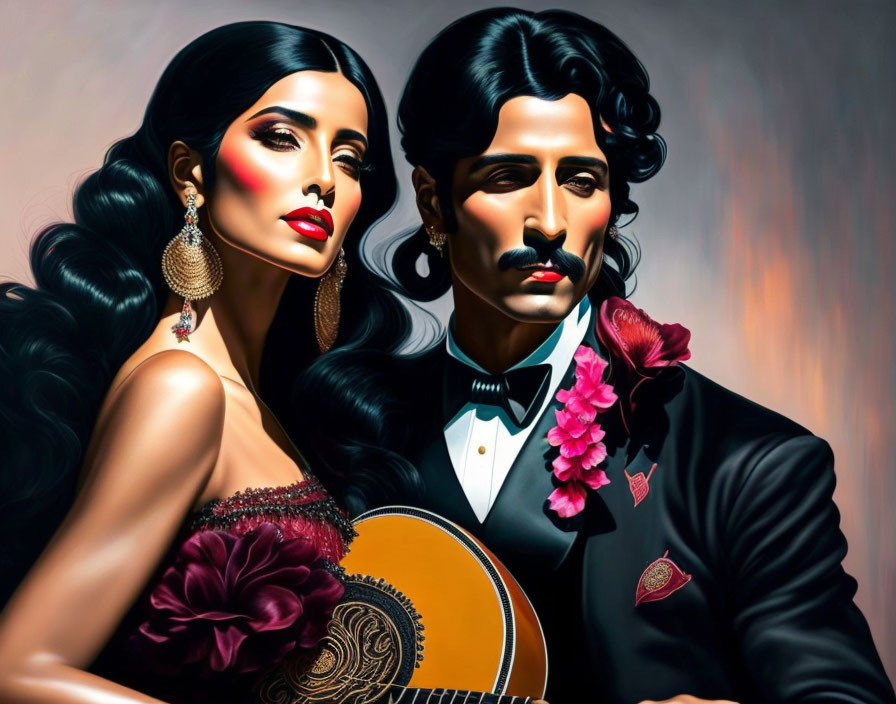 Elegant couple with guitar in formal attire on warm-toned backdrop