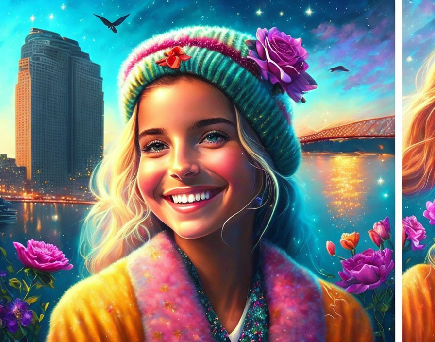 Colorful illustration of smiling woman with blue eyes and floral beanie against cityscape and sunset