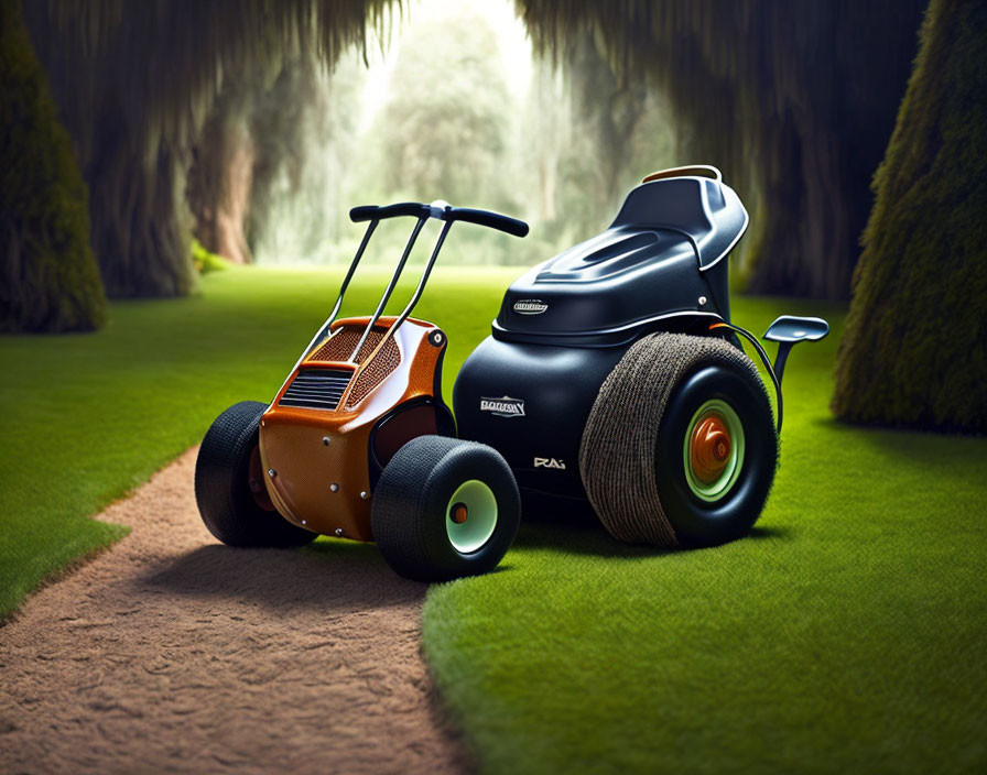 Black and Orange Motorized Lawnmower on Freshly Mown Lawn