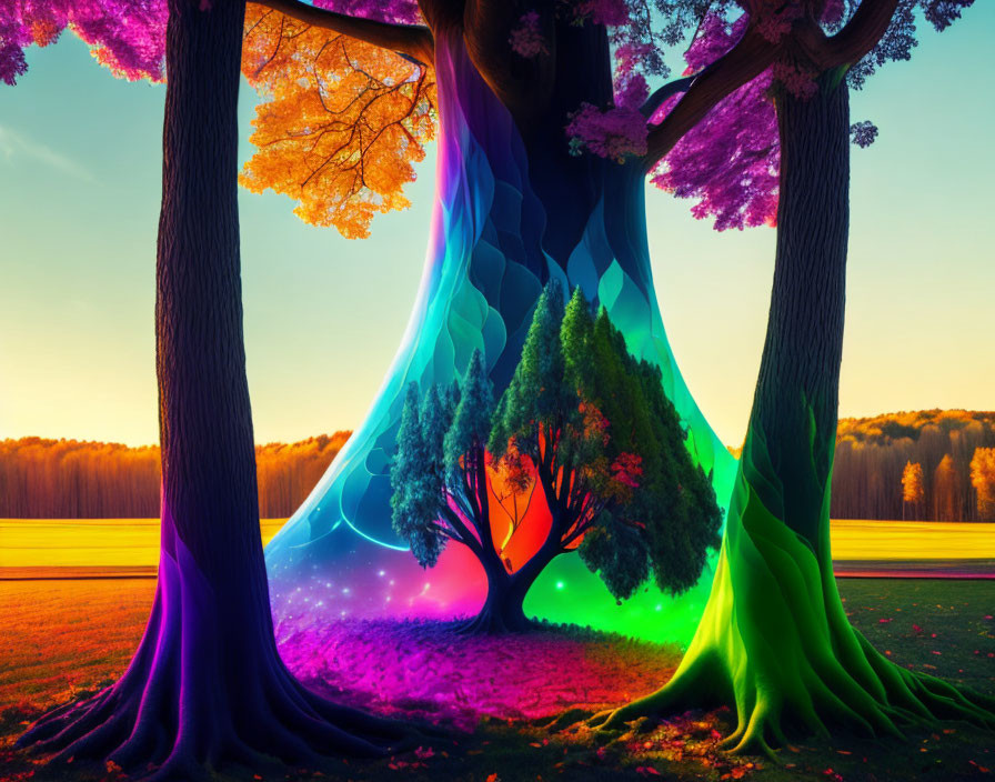 Vibrant fantasy landscape with colorful tree trunks and cosmic sky