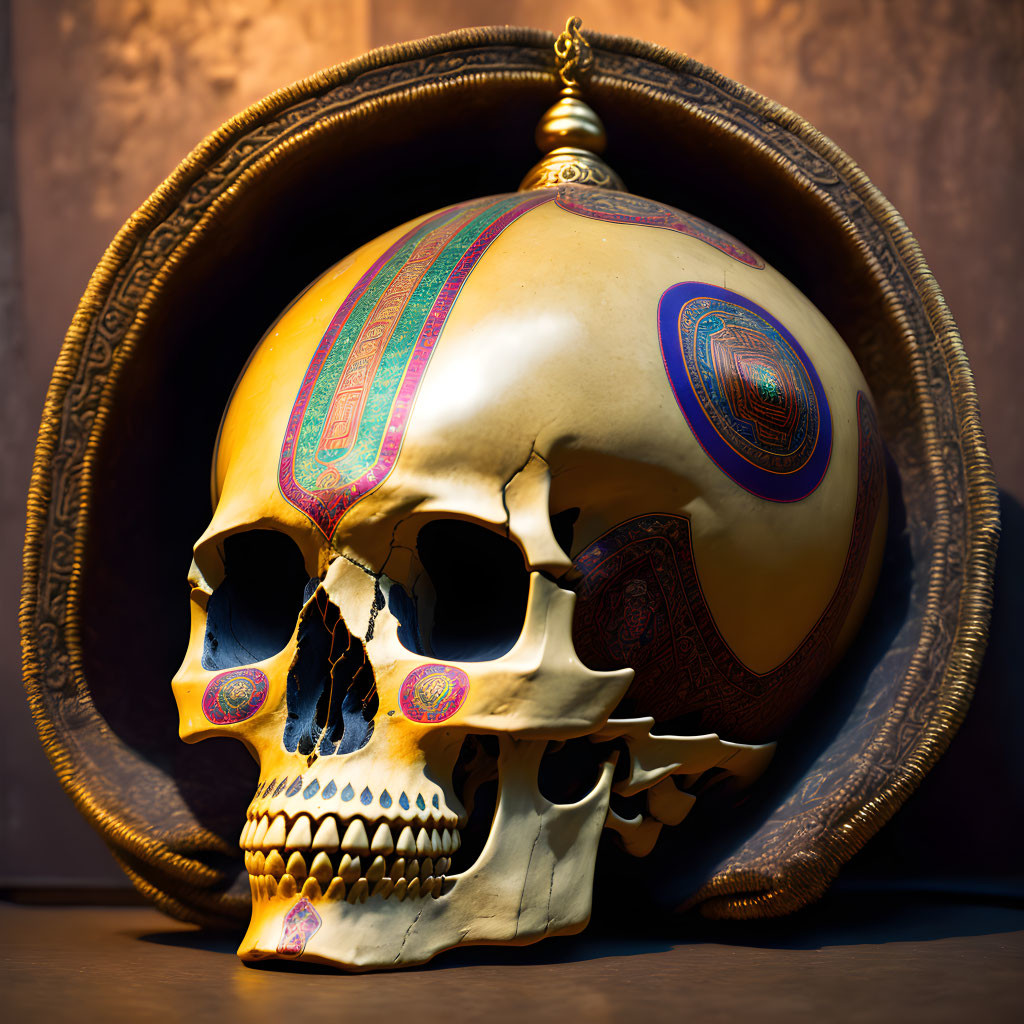 Colorful Intricate Patterned Human Skull on Brown Background