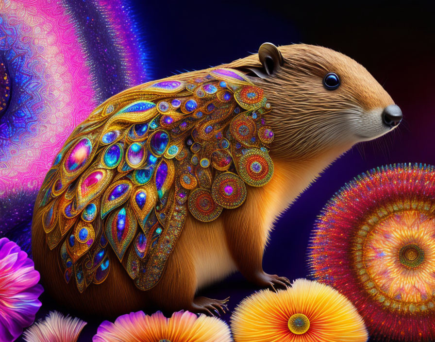 Colorful digital illustration of a guinea pig with peacock-like wings surrounded by flowers.