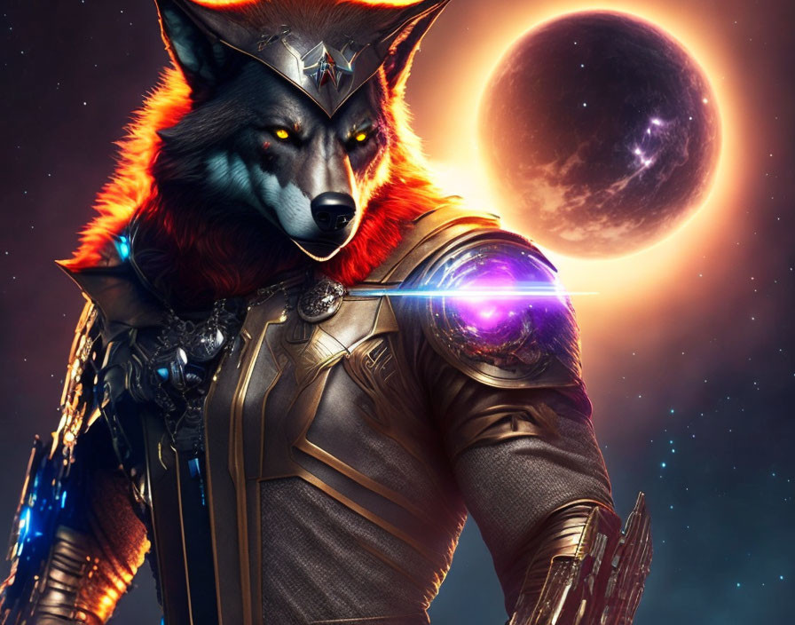 Futuristic armor anthropomorphic wolf in cosmic setting