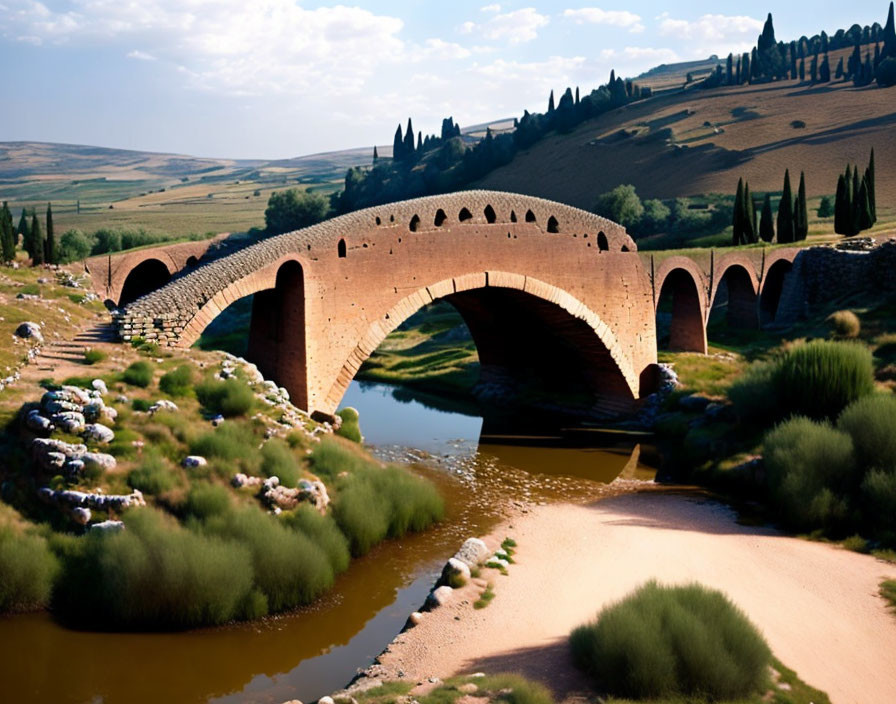 Ancient Stone Bridge Over Tranquil River in Lush Landscape