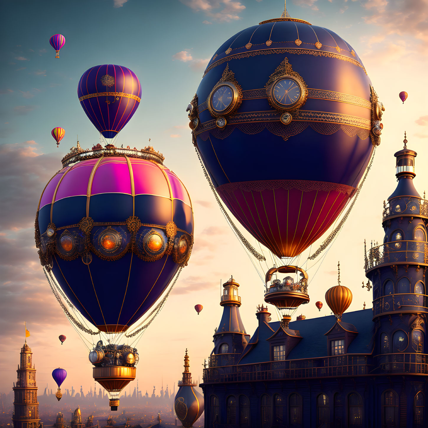 Ornate hot air balloons near fantastical castle at sunset