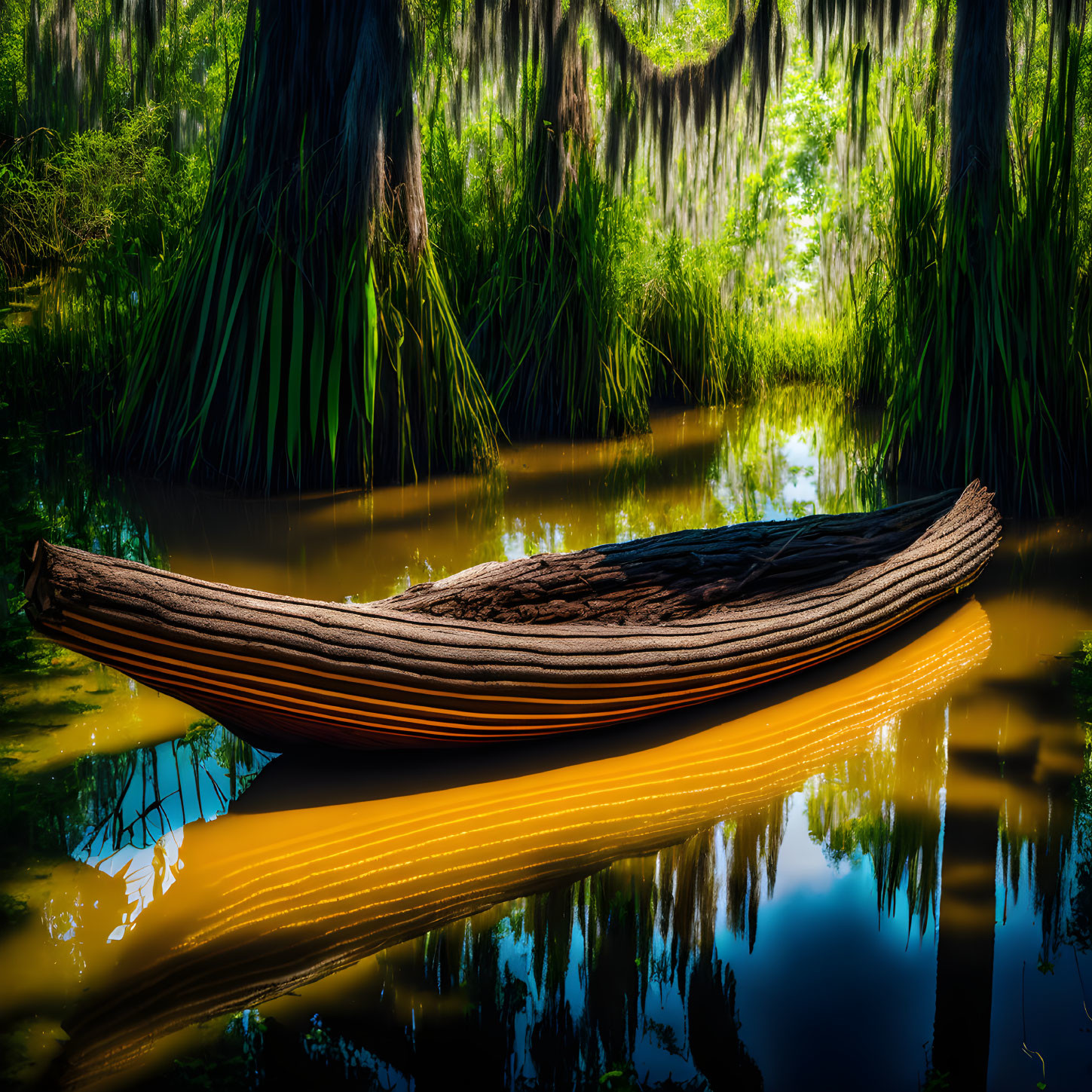 Decaying wooden canoe in serene swamp setting