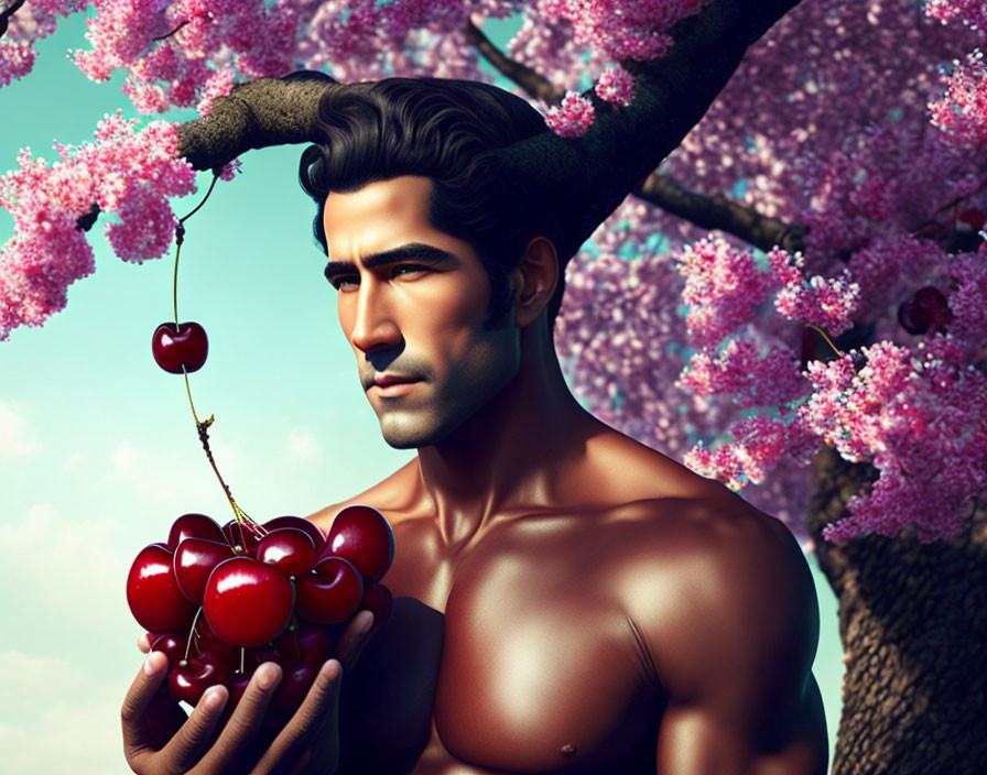 Shirtless man with cherry blossoms and cherries against sky