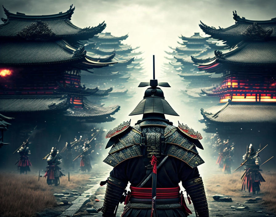 Traditional Samurai Warriors in Armor at Ancient Temple