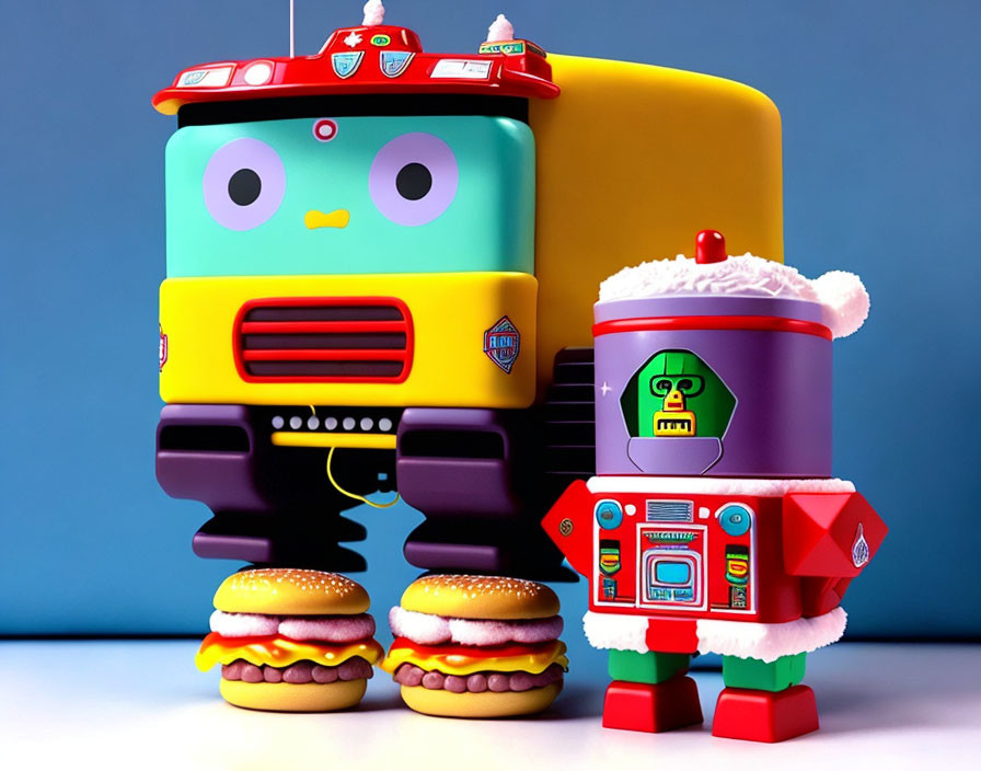 Vibrant cartoon robots: bus with hamburger wheels & small robot in winter hat.