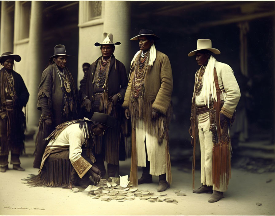 Five Native American Men in Traditional Garments Examining Documents and Medals