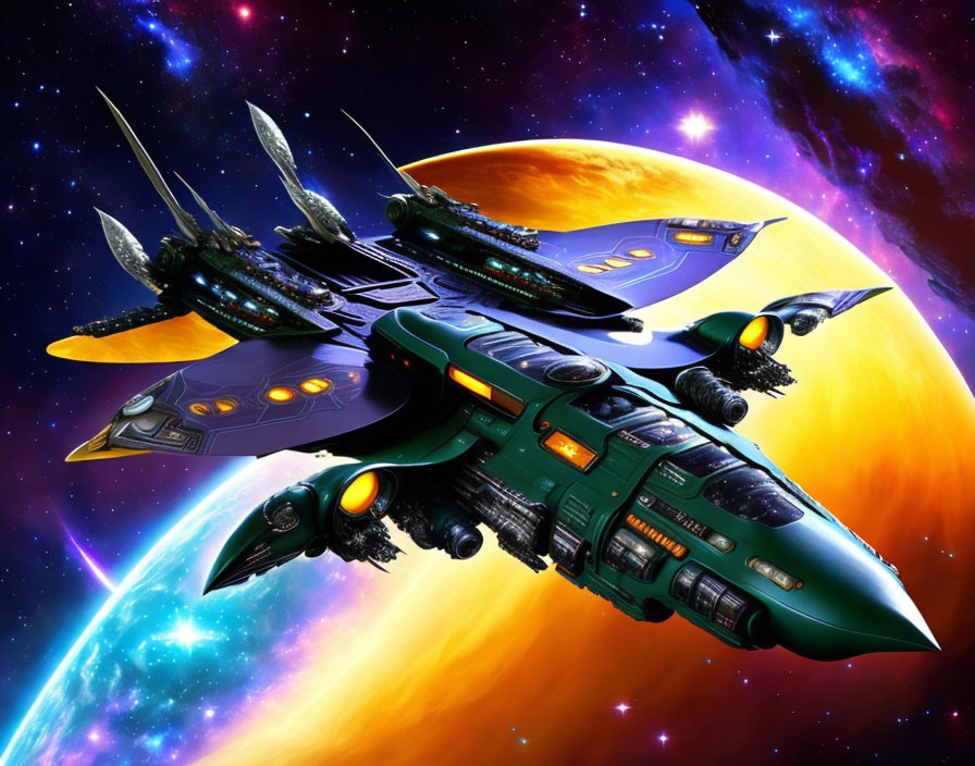 Futuristic green and blue spaceships in space with colorful planets and stars