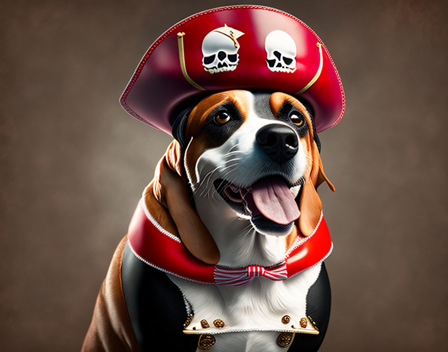 Pirate-themed dog costume on textured brown background