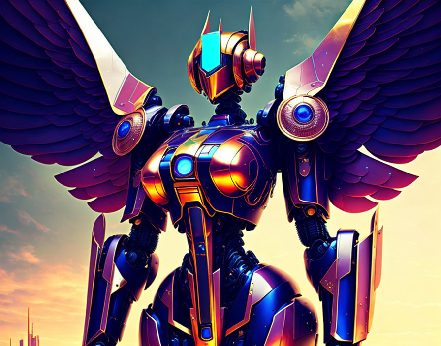 Futuristic robot with angular armor and feathered wings in dusk sky