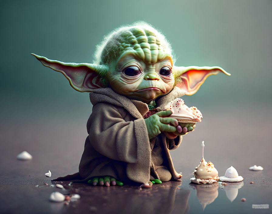 Baby Yoda-like character with big ears holding a cream-topped dessert in digital illustration