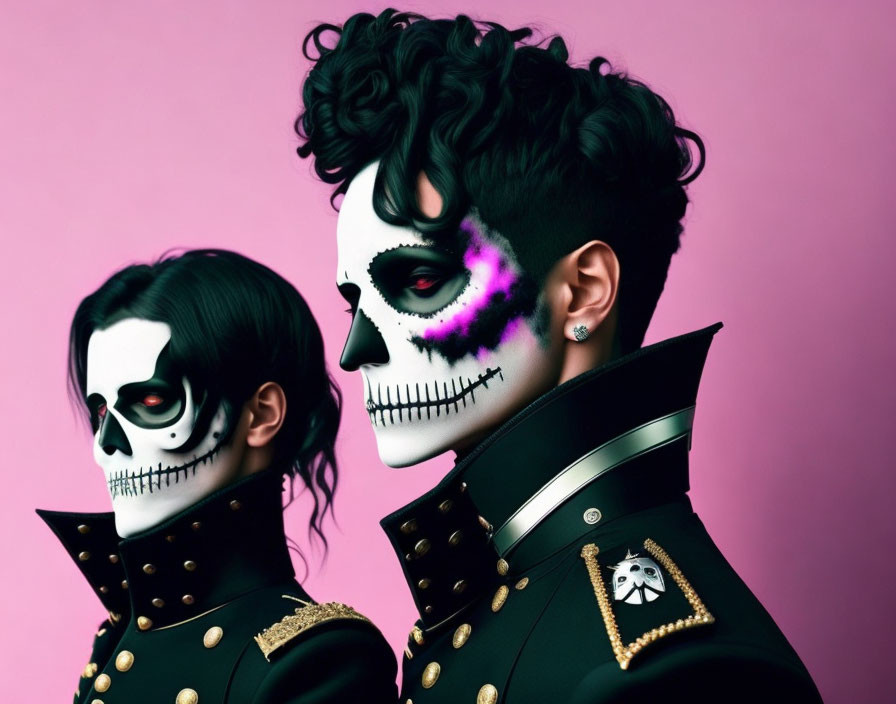 Pair in Skull Makeup on Pink Background