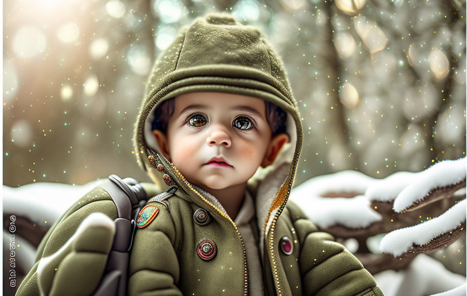 Toddler in Green Hooded Jacket Amid Snowy Backdrop