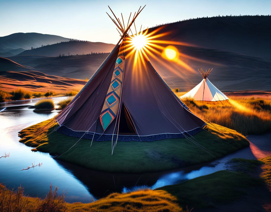 Sunset scene with two tepees on grassy plain and river in foreground