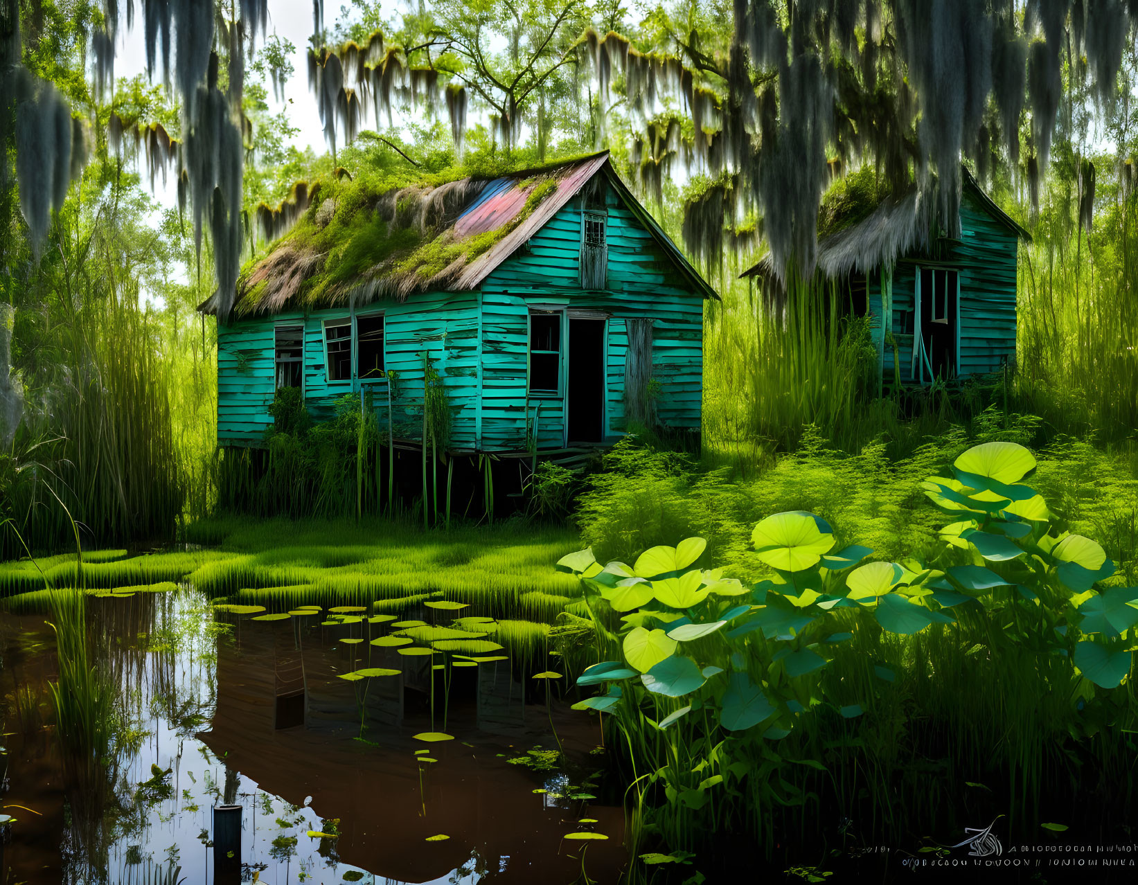 Weathered teal wooden house surrounded by water and greenery under Spanish moss-draped trees.