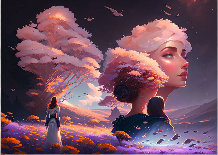 Surreal illustration of woman with tree hair in purple landscape