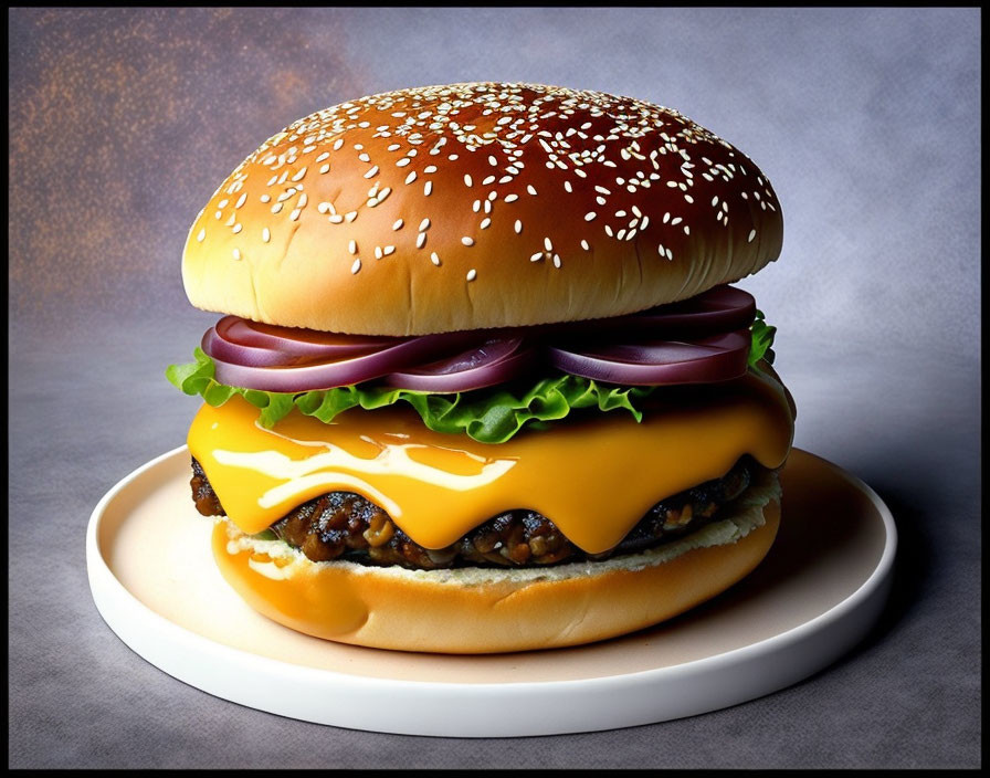 Double cheeseburger with lettuce, cheese, onions, and two beef patties on sesame seed bun on