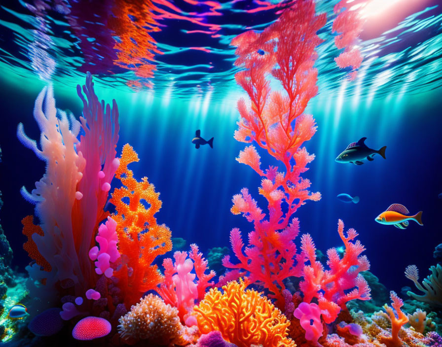 Colorful Coral and Fish in Sunlit Underwater Scene