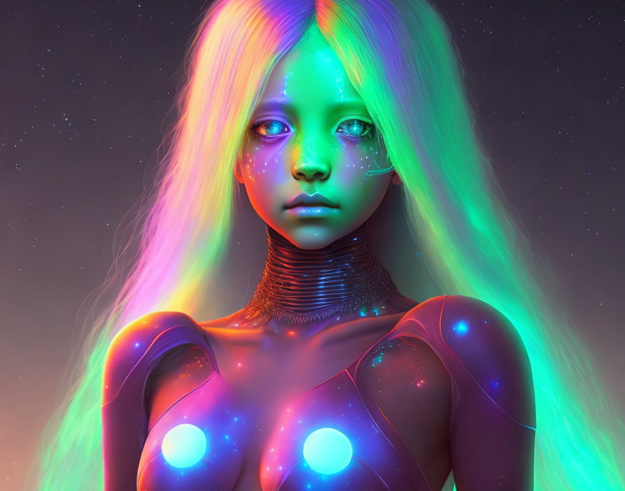 Vibrant neon-lit portrait of female figure with rainbow hair