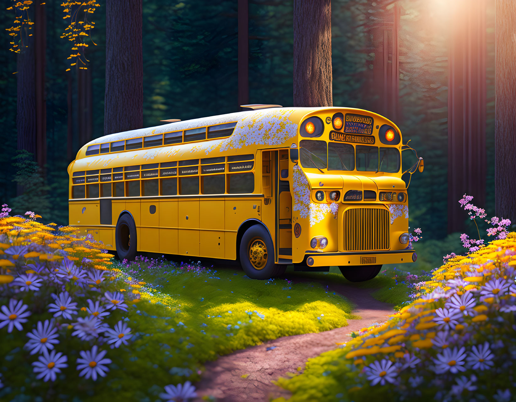 Yellow school bus in autumn forest with purple flowers and warm sunlight