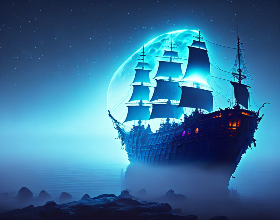 Ghostly sailing ship with illuminated sails on misty waters under luminous moon