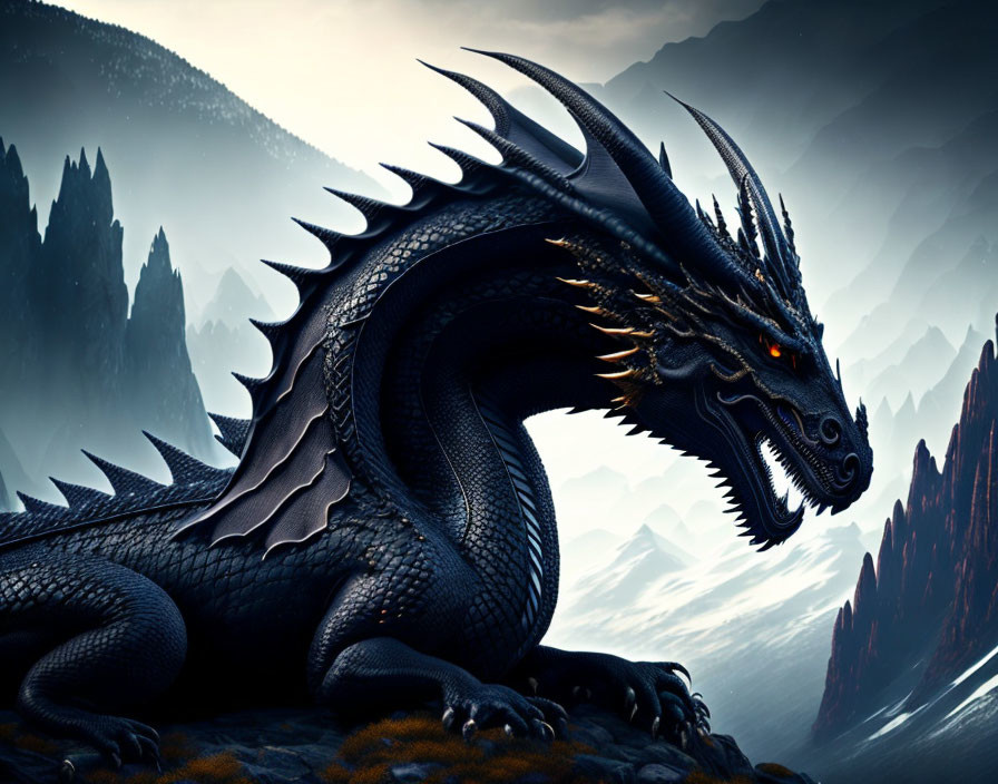 Black dragon with orange eyes and spikes against misty mountains