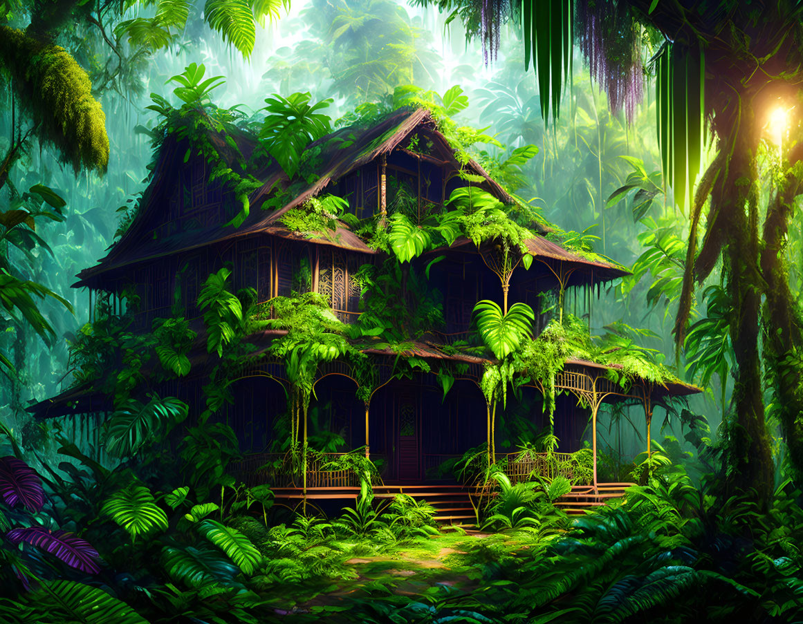 Verdant jungle setting: Mystical two-story house in lush greenery