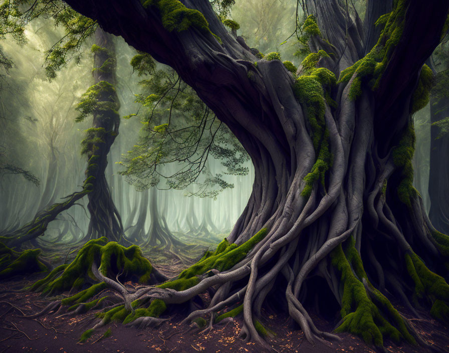 Enchanting forest with towering moss-covered trees in soft fog