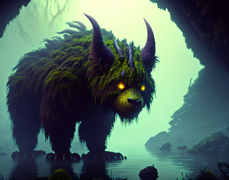 Mythical creature with green fur, glowing eyes, and horns in misty forest