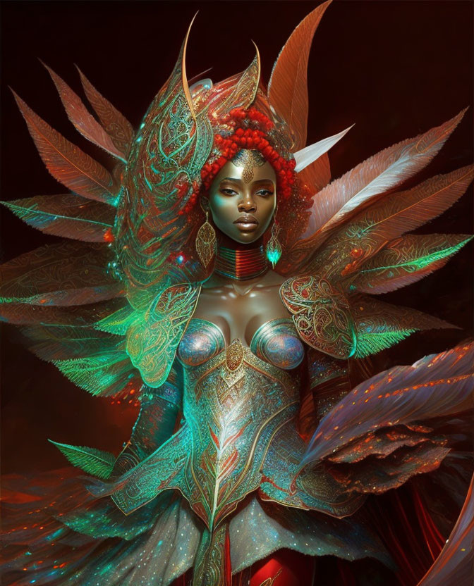 Colorful digital art: Woman in feathered headgear and armor