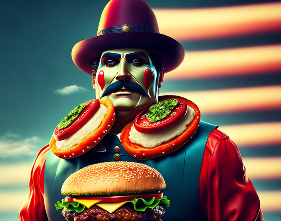 Vibrant 3D illustration of stern-faced character juggling burgers