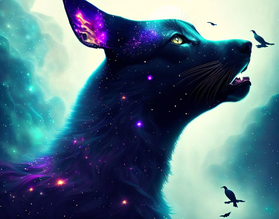 Black wolf with cosmic fur pattern under starry sky and flying birds