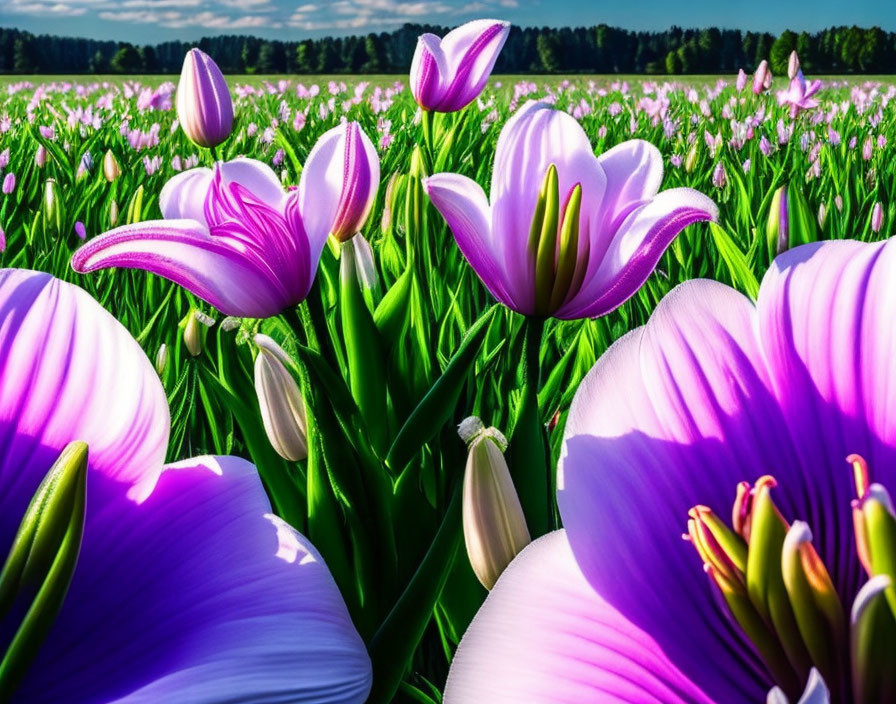 Purple Tulips Field Under Blue Sky with Clouds