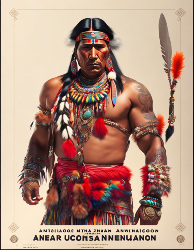 Native American man portrait in traditional attire with feathered headdress and ceremonial objects