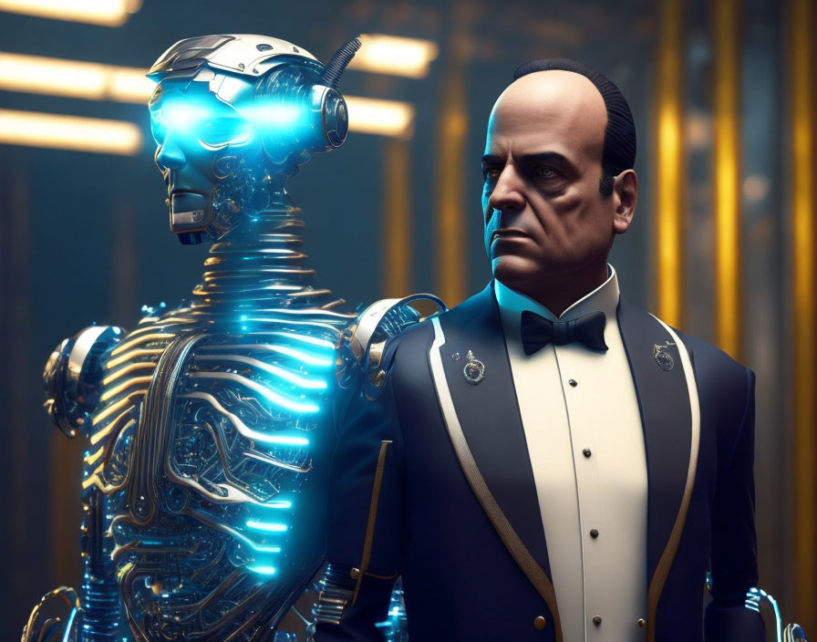 Photorealistic android and man in tuxedo against futuristic golden backdrop