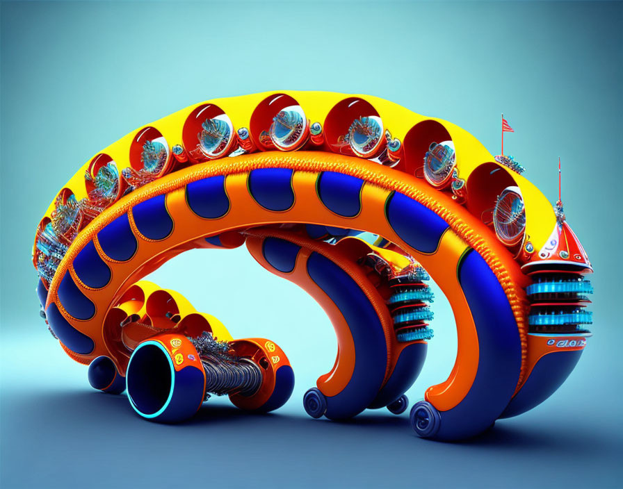 Colorful Surreal Structure with Circular and Tubular Sections on Blue Background